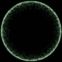 a green circle with glowing particles on a black background