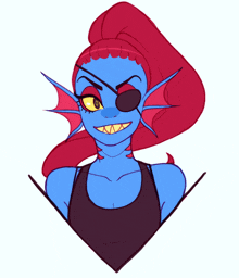 a drawing of a woman with a red hair and a blue body with a yellow eye