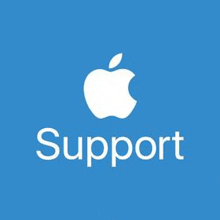 the apple logo is on a blue background with the word support below it .