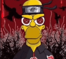 homer simpson is wearing a headband and a black jacket with red eyes .