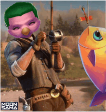 a man holding a fishing rod next to a fish with a moon sama logo on the bottom right