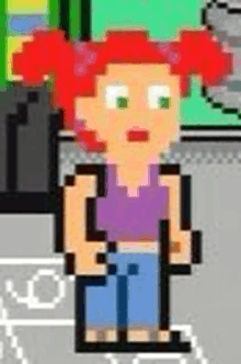 a pixel art of a girl with red hair and a purple shirt .