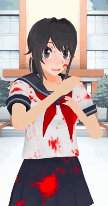 a girl in a school uniform with blood on her shirt and skirt