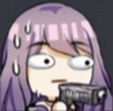 a cartoon of a girl with purple hair holding a gun and making a funny face .