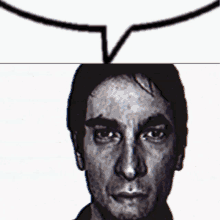 a drawing of a man 's face with a speech bubble above it