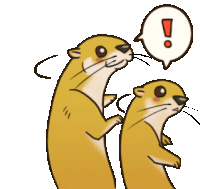 two meerkats are standing next to each other with an exclamation mark in a speech bubble