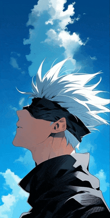 a man with white hair and a bandana on his head looks up at a blue sky