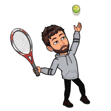 a cartoon man is holding a tennis racquet and a tennis ball