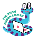 a blue and purple snake with a laptop and the words pie-thon programmer on it .