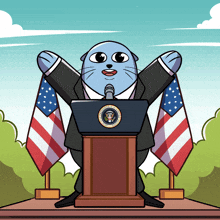 a cartoon of a cat giving a speech at a podium with the seal of the president of the united states