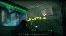 a cartoon of a man sitting in front of a sign that says " lowkey "