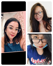 a collage of three pictures of a woman wearing glasses and a blue shirt that says buda