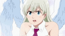 elizabeth from the seven deadly sins is wearing a white shirt and purple tie and has wings .