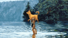 a painting of a dog jumping out of a body of water