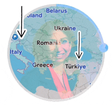 a map with a woman 's face in the middle and arrows pointing to italy greece and turkey