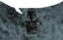 a speech bubble that says " arvel the swift " above a statue