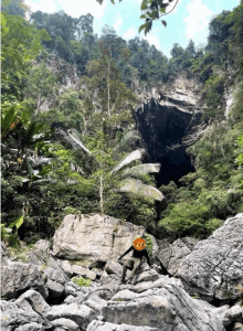 a person standing on a rock in a jungle with a sticker on their back that says ' sds '