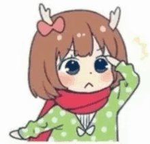 a cartoon girl with deer antlers and a scarf on her neck .