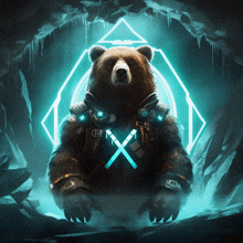 a bear in a futuristic outfit with a blue x on its chest