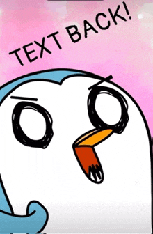 a picture of a penguin with the words text back written above it