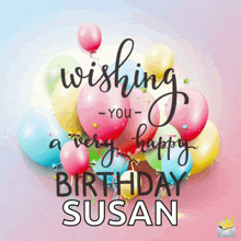 a birthday card for susan with a bunch of colorful balloons