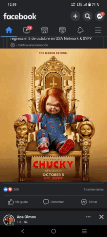 chucky is sitting on a throne in a facebook ad