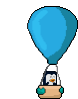 a pixel art of a penguin flying in a blue hot air balloon