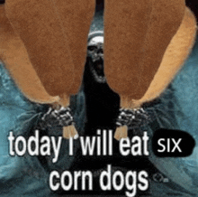 a picture of a person holding corn dogs with the words `` today i will eat six corn dogs '' written on it .