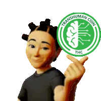 a cartoon character is pointing at a transhuman coin thc logo