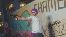 a man with purple hair is pointing a gun in front of a wall that says " the 3333 "