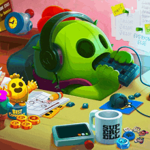 a cartoon illustration of a green cactus with headphones sitting at a desk