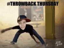 a young boy wearing a hat is doing a trick in front of a sign that says #throwback thursday .