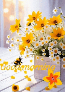 a bouquet of yellow and white flowers with a bee and the words good morning written on the bottom