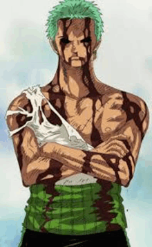 roronoa zoro from one piece is standing with his arms crossed and blood on his body .