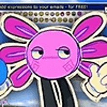 a cartoon of a pink axolotl with wings holding a blue ball .