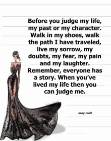 a drawing of a woman in a black dress with a quote