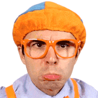 a man wearing glasses and an orange hat is making a face