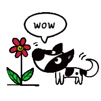 a black and white cartoon dog is sniffing a flower with a speech bubble that says wow .