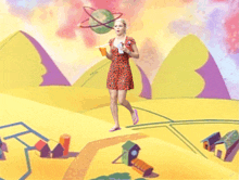 a woman in a red dress is walking through a cartoon landscape