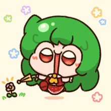 a cartoon drawing of a girl with green hair blowing soap bubbles