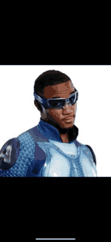 a man wearing sunglasses and a blue superhero suit