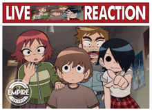 a group of cartoon characters are standing next to each other under a banner that says live reaction