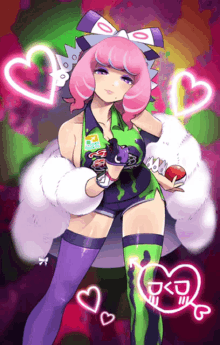 a girl with pink hair is surrounded by hearts and a skull