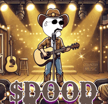 a cartoon of a ghost singing into a microphone with a sign that says country music behind him