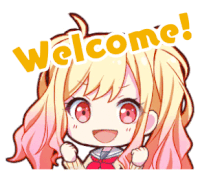 a girl with blonde hair and red eyes is holding her fists up and says welcome !