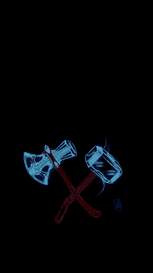 thor 's axe and mjolnir are crossed in a dark background .