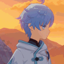 a cartoon character with blue hair is standing in front of a sunset