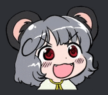 a cartoon of a girl with a mouse head and red eyes is smiling .