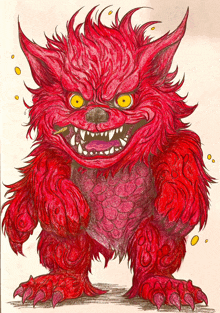 a drawing of a red monster with sharp teeth