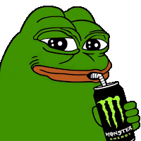 a green frog is drinking a monster energy drink through a straw .